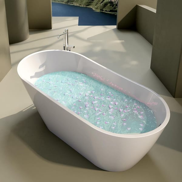 63 in. Classic Oval Shape Acrylic Flatbottom Freestanding Non Whirlpool Soaking Bathtub in White