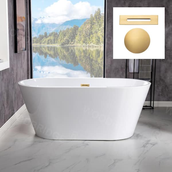 WOODBRIDGE Marseille 54 in. Acrylic FlatBottom Double Ended Bathtub with Brushed Gold Overflow and Drain Included in White