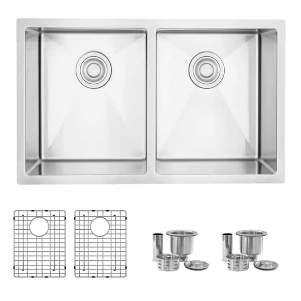 Undermount 30 in. Stainless Steel 50/50 Double Bowl 16 Gauge Kitchen Sink with Grids and Strainers