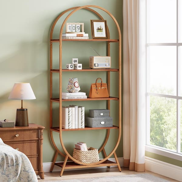 BYBLIGHT Eulas 70.9 in. Tall Bright Brown Wood 5-Shelf Etagere Bookcase with Metal Frame, Open Bookshelf Arched Bookcase