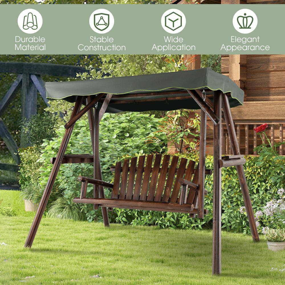 Natural Brown Fir Wood 2-Person Porch Swing with Adjustable Canopy