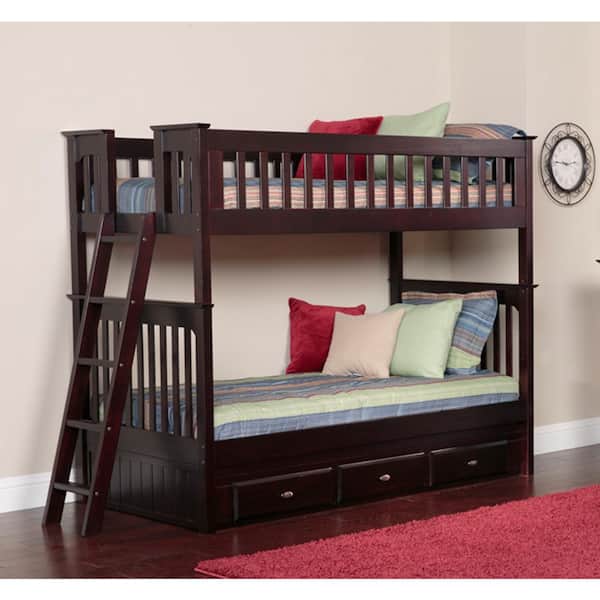 American Furniture Classics Espresso Twin over Twin Solid Pine Bunkbed with 3-Drawer Underbed Storage