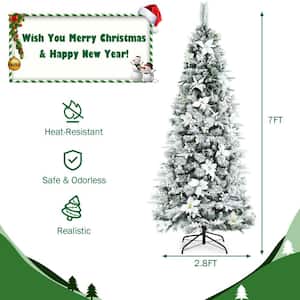 7 ft. White Unlit Snow Flocked Artificial Christmas Pencil Tree with Berries and Poinsettia Flowers
