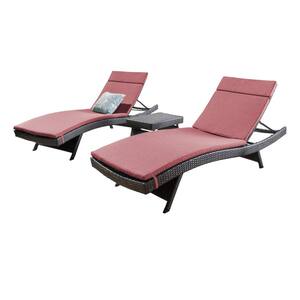 Miller Multi-Brown 3-Piece Faux Rattan Outdoor Chaise Lounge and Table Set with Red Cushions