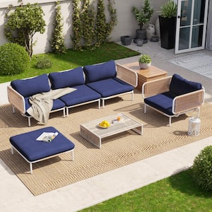 5-Piece Drawcord Metal Outdoor Sectional Set with Navy Blue Cushions