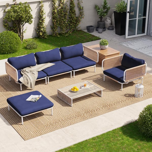 Crestlive Products 5-Piece Drawcord Metal Outdoor Sectional Set with Navy Blue Cushions