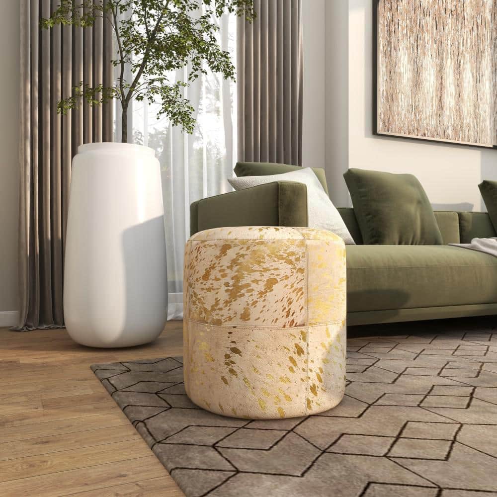 Elegant Gold Leather Round Pouf with Handmade Patchwork Design