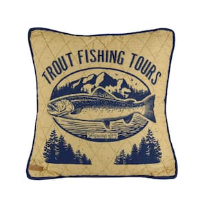 Lakehouse Beige, Blue Polyester 18 in. x 18 in. Decorative Trout Throw Pillow