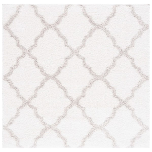 Tahoe Shag 7 ft. x 7 ft. White/Silver Trellis Diamond Square Area Rug