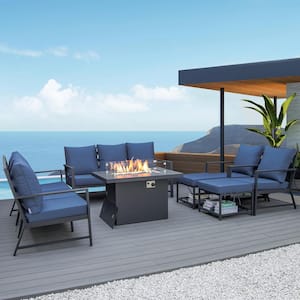 Luxury Grey 10 Person Seating Black Aluminum Patio Sofa Set Firepit Table and Blue Cushions