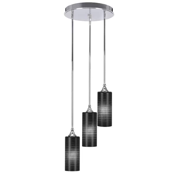 Unbranded Villa 60-Watt 14.25 in. 3 Light Chrome Stem Pendant Light with 4 in. Black Matrix Glass Shade, No bulbs included