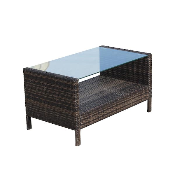 Zeus & Ruta 34.6 in. W x 20.5 in. D x 17.77 in. H Rectangle Wicker Brown Coffee Table with Tempered Glass Top for Patio Garden