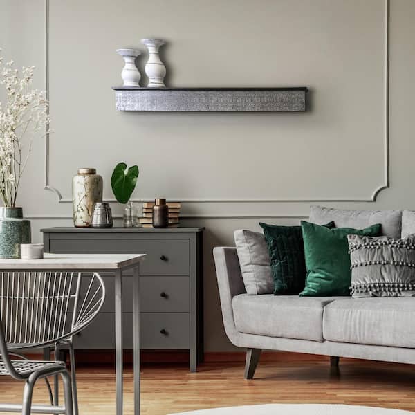 inPlace 42 in. W x 5 in. D x 5 in. H Real Wood Farmhouse Coffee Finish Decorative Wall Shelf Ledge with Antiqued Embossed Metal