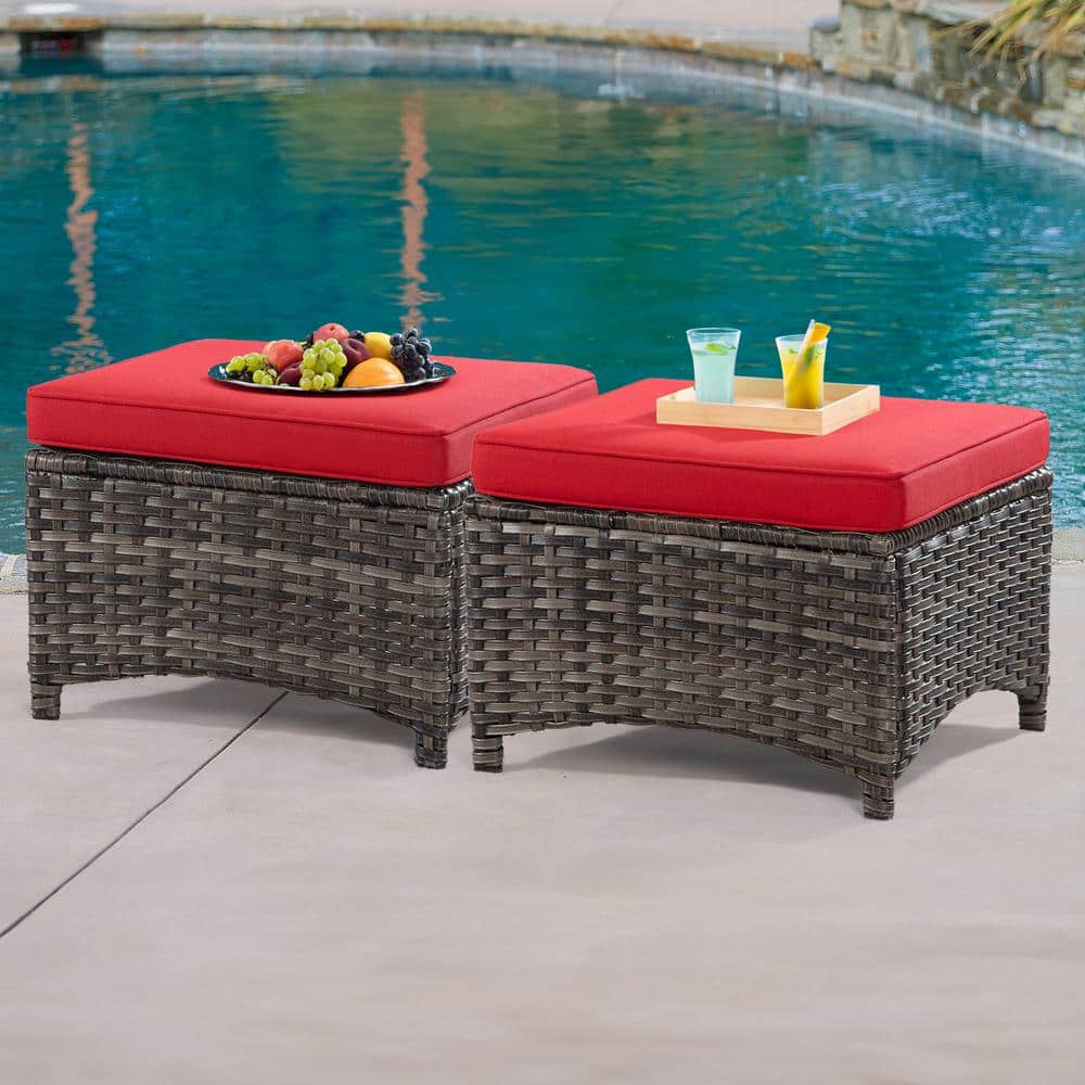 Gardenbee Wicker Outdoor Patio Ottoman with Red Cushions (Set of 2) M74