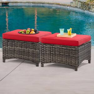 Wicker Outdoor Patio Ottoman with Red Cushions (Set of 2)
