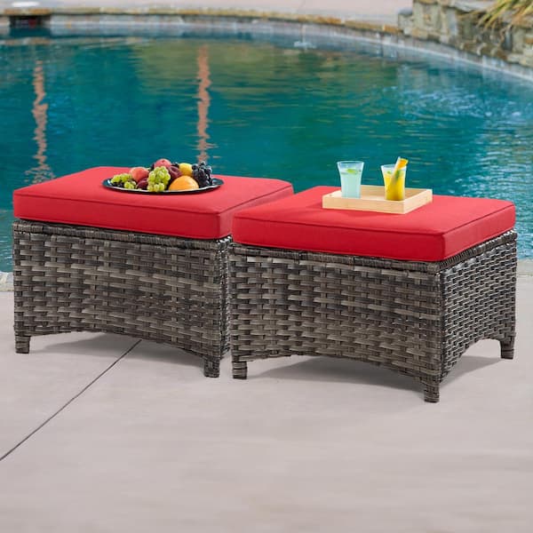 Gardenbee Wicker Outdoor Patio Ottoman with Red Cushions (Set of 2)