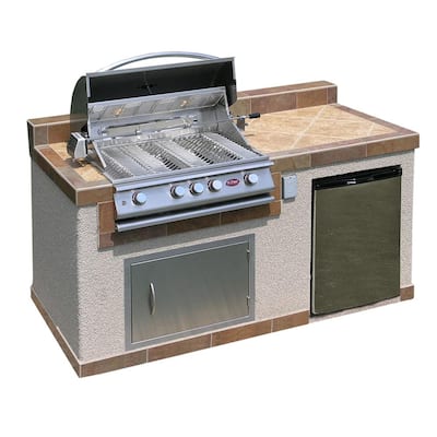 Outdoor Kitchen 4-Burner Barbecue Grill Island with Refrigerator