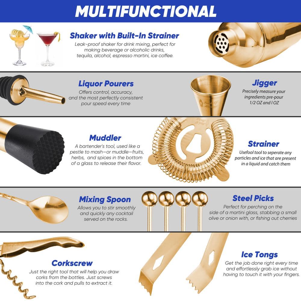 Gold Stainless Steel 14-Piece Bartender Kit with Bamboo Stand