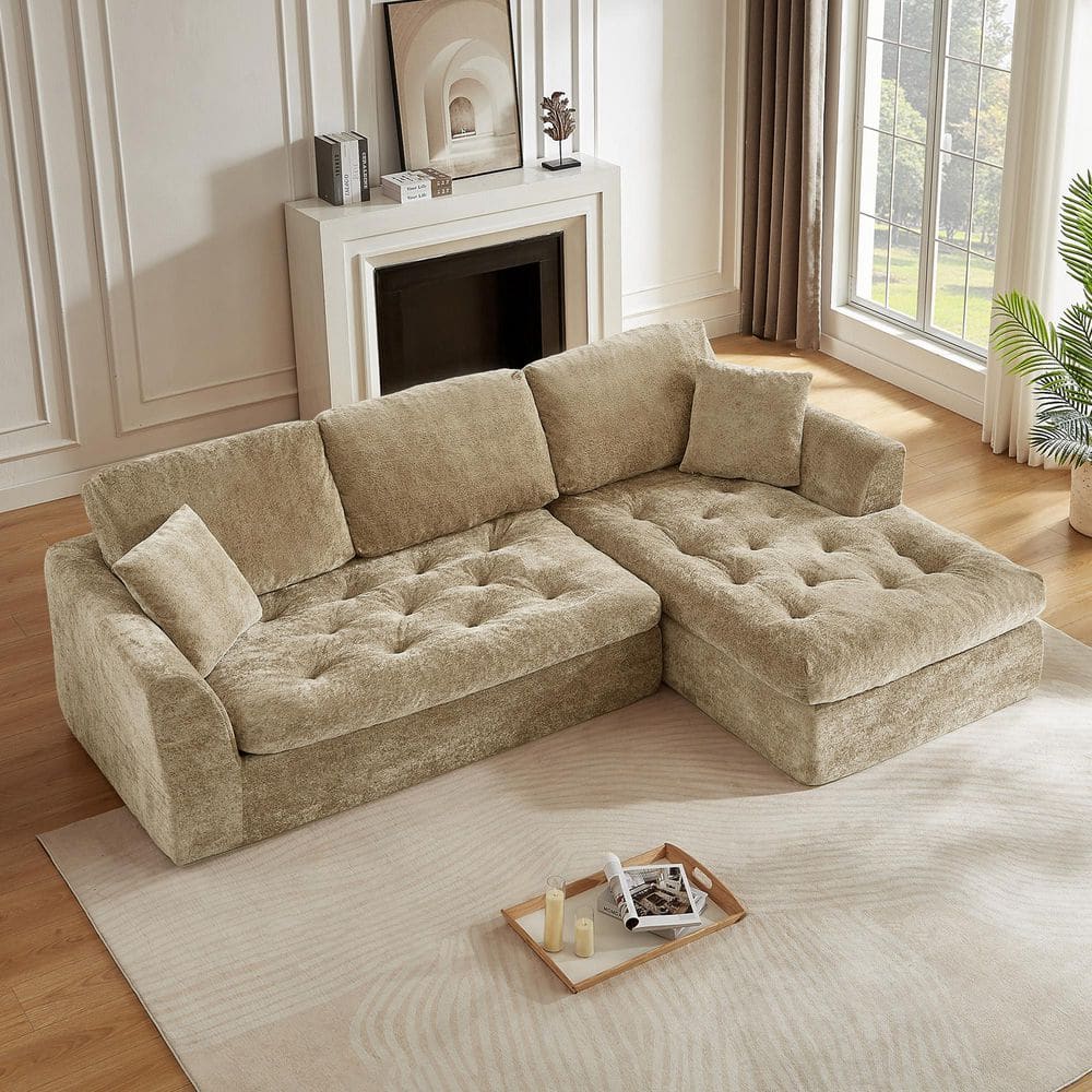 Spruce & Spring Gavio 109 in. Khaki Fabric Boneless L-Shaped Sofa