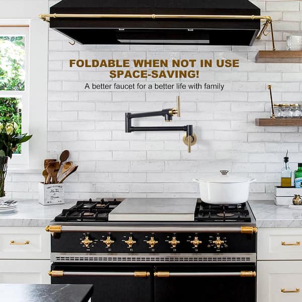 Wall Mounted Pot Filler with Double Joint Swing Arms in Black and Gold