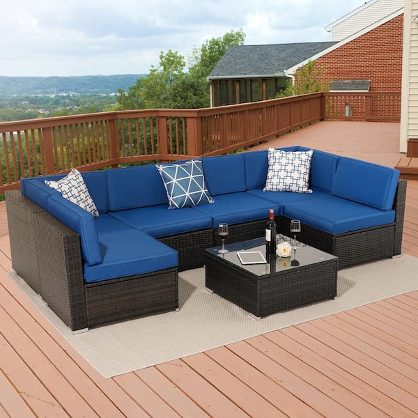 Sonkuki 7-Piece Wicker Patio Conversation Sectional Seating Set with Blue Cushions