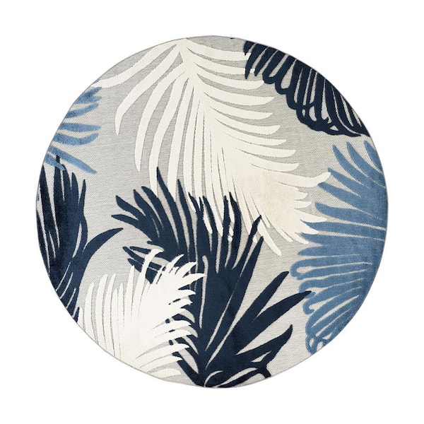 Contemporary Tropical Large Floral Navy 8 ft. ROUND Indoor/Outdoor Area Rug