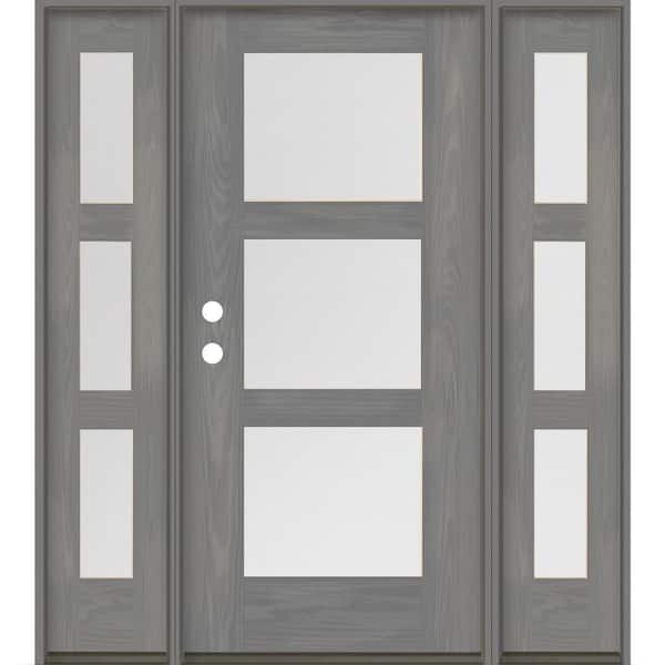 Krosswood Doors Modern 64 in. x 80 in. 3-Lite Right-Hand/Inswing Satin Glass Malibu Grey Stain Fiberglass Prehung Front Door/DSL