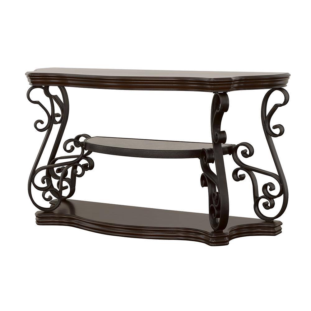 Transitional Black Demilune Sofa Table with Glass Top and Ornate Metal Scrollwork