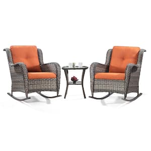 3-Piece Wicker Patio Outdoor Rocking Chair Set with Orange Cushions