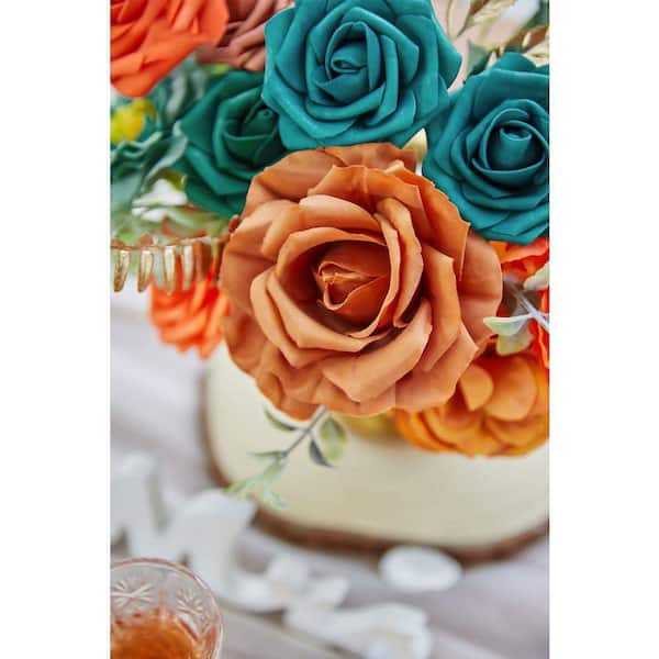 5 in. H Burnt Orange and Teal Artificial Silk Mixed Flowers for