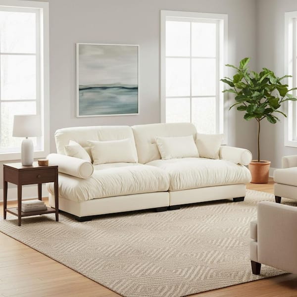 TOAST 93.7 in. Rolled Arm 2-Seater Velvet Rectangle Sofa with Cloud Seat Cotton Cushions in Ivory Cream