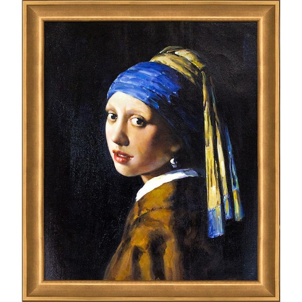 LA PASTICHE Girl with a Pearl Earring by Johannes Vermeer Muted Gold Glow Framed People Oil Painting Art Print 24 in. x 28 in.