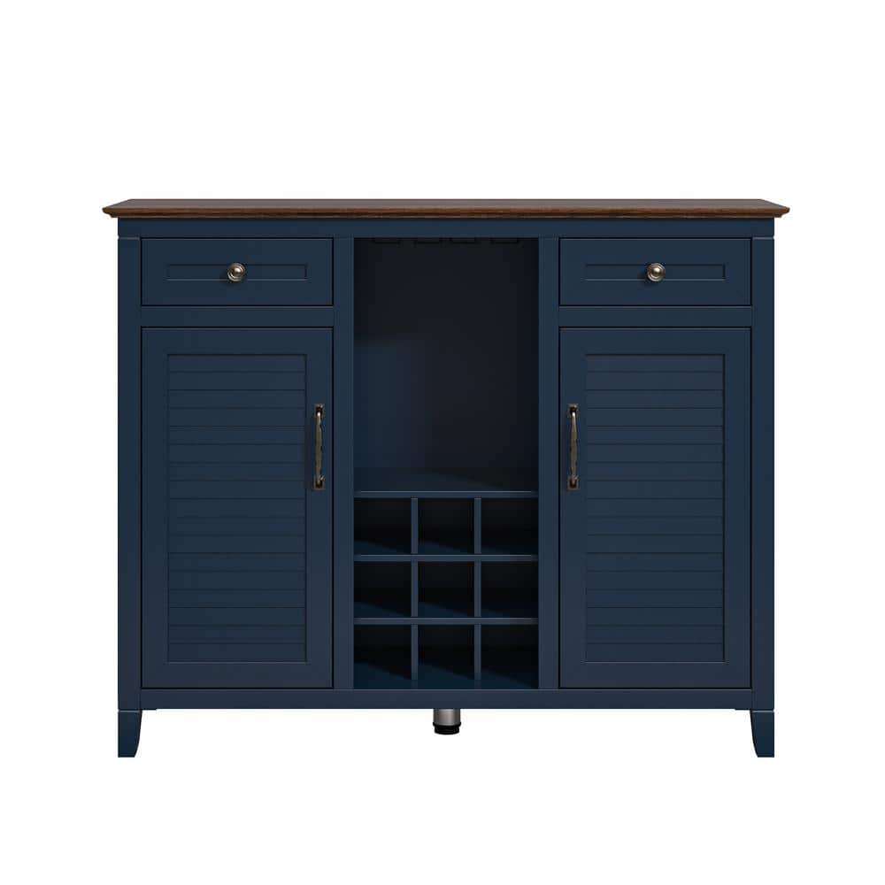 Navy Wood 48" Wine Cabinet with Drawers and Shelves