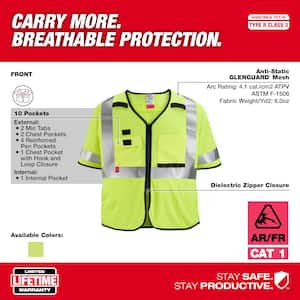 Arc-Rated/Flame-Resistant Small/Medium Yellow Mesh Class 3 High Visibility Safety Vest with 10-Pockets and Sleeves