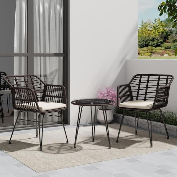 3-Piece Wicker Patio Outdoor Bistro Set Brown Frame Round Outdoor with Beige Cushions