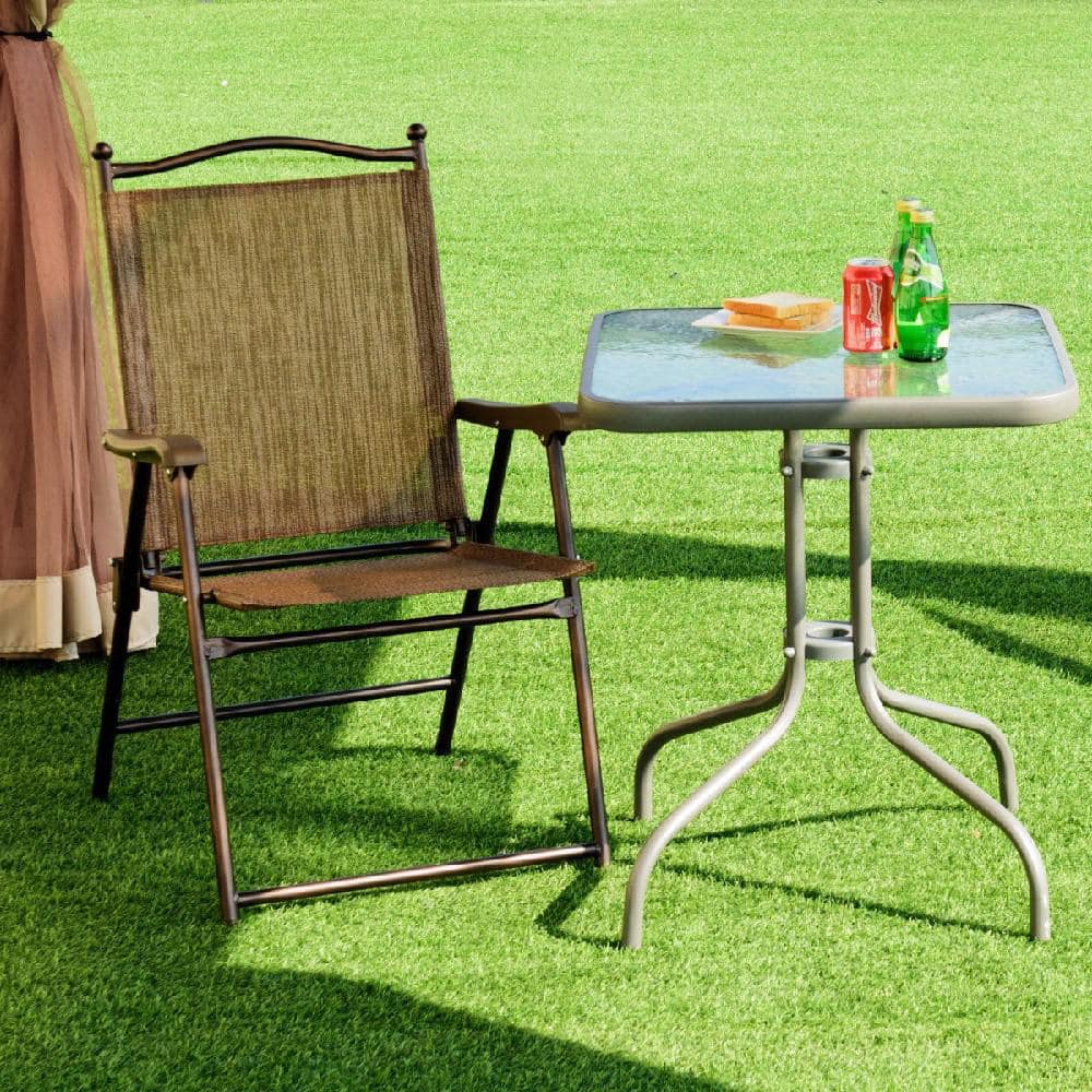Brown Steel Frame Folding Patio Chairs Set of 2