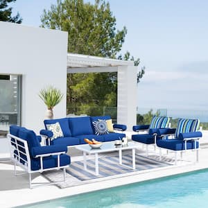 white and blue patio set