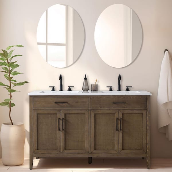 Cove 54 in. W Bath Vanity in Antique Brown with Engineered Stone Top in Carrara White with White Sinks