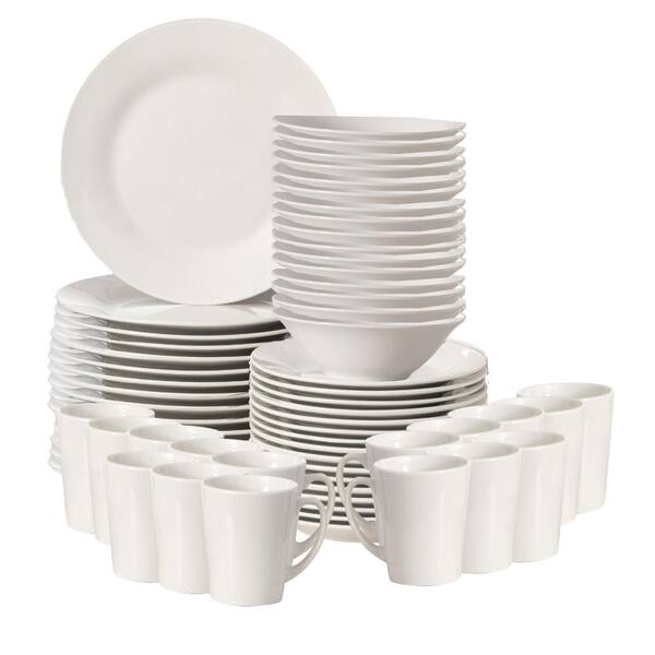Dinewares 64 PC Dinnerware Set Mugs Bowls Salad and Dinner Plates Highly Crack Resistant, Dishwasher and Microwave Safe, White