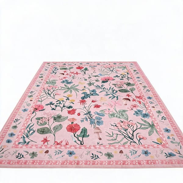 Pink 5 ft. X 7 ft. Modern Floral Washable Low Pile Non-Slip Indoor Carpet for Living Room, Bedroom, Dining Room Area Rug
