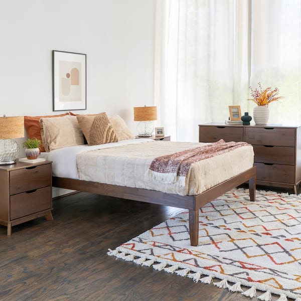 Linon Home Decor Pheba 4-Piece Walnut Brown Wood Frame Full Platform Bed, 6-Drawer Dresser and 2 (2-Drawer) Nightstand Bedroom Set