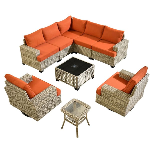 Silvae Gray 9-Piece Wicker Outdoor Sectional Set Patio Conversation Set with Rocking Chair&Orange Red Cushion and Table