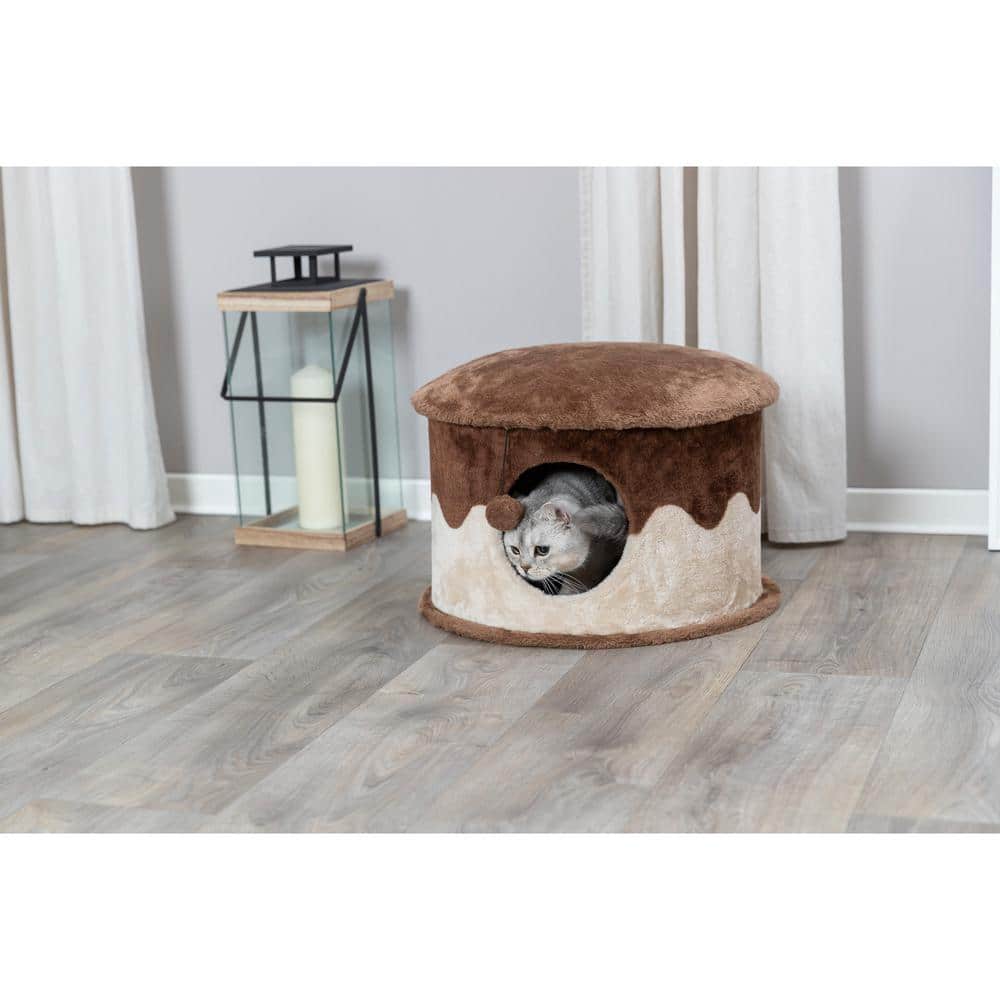 Cozy Brown and Beige Faux Fleece Cat Condo with Pom-Pom Toy