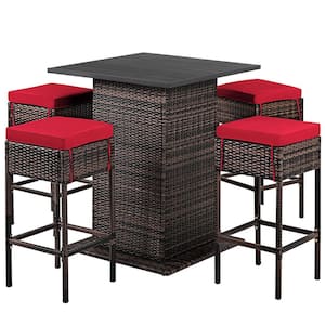 5-Piece Patio Wicker Outdoor Serving Bar Furniture Set with Red Cushion and Hidden Storage Shelf