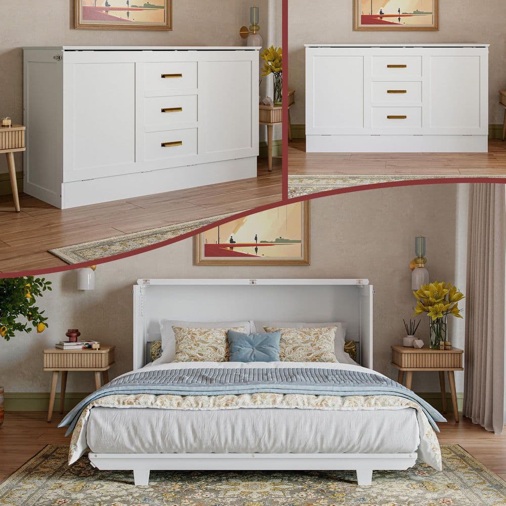 AFI Charleston White Wood Frame Queen Murphy Bed Chest with 6 in