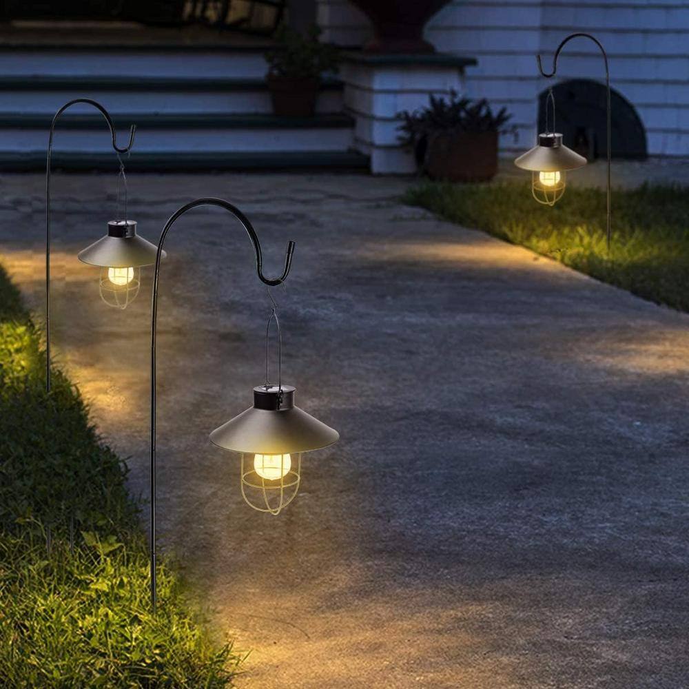 Black Solar Metal Hanging Lanterns with Shepherd Hooks, Set of 2
