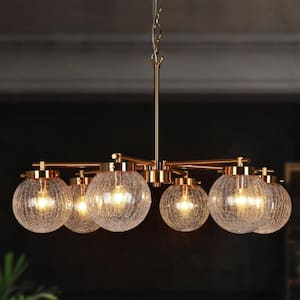 Modern Glam Brass 6-Light Chandelier Globe Island Hanging Ceiling Light with Clear Cracked Glass Shades