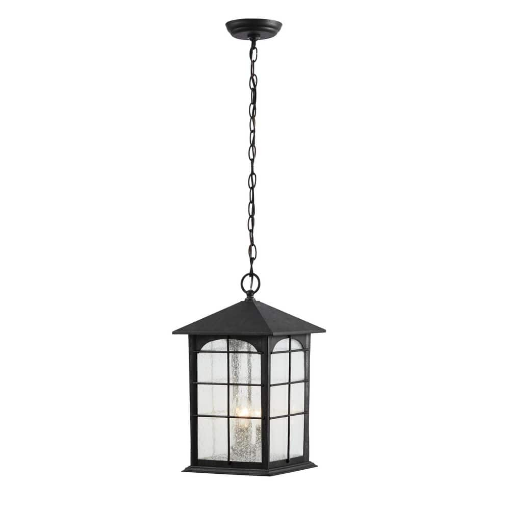 Home Decorators Collection Brimfield 17.8 in. 3-Light Aged Iron Outdoor Hanging Light with Clear Seedy Glass