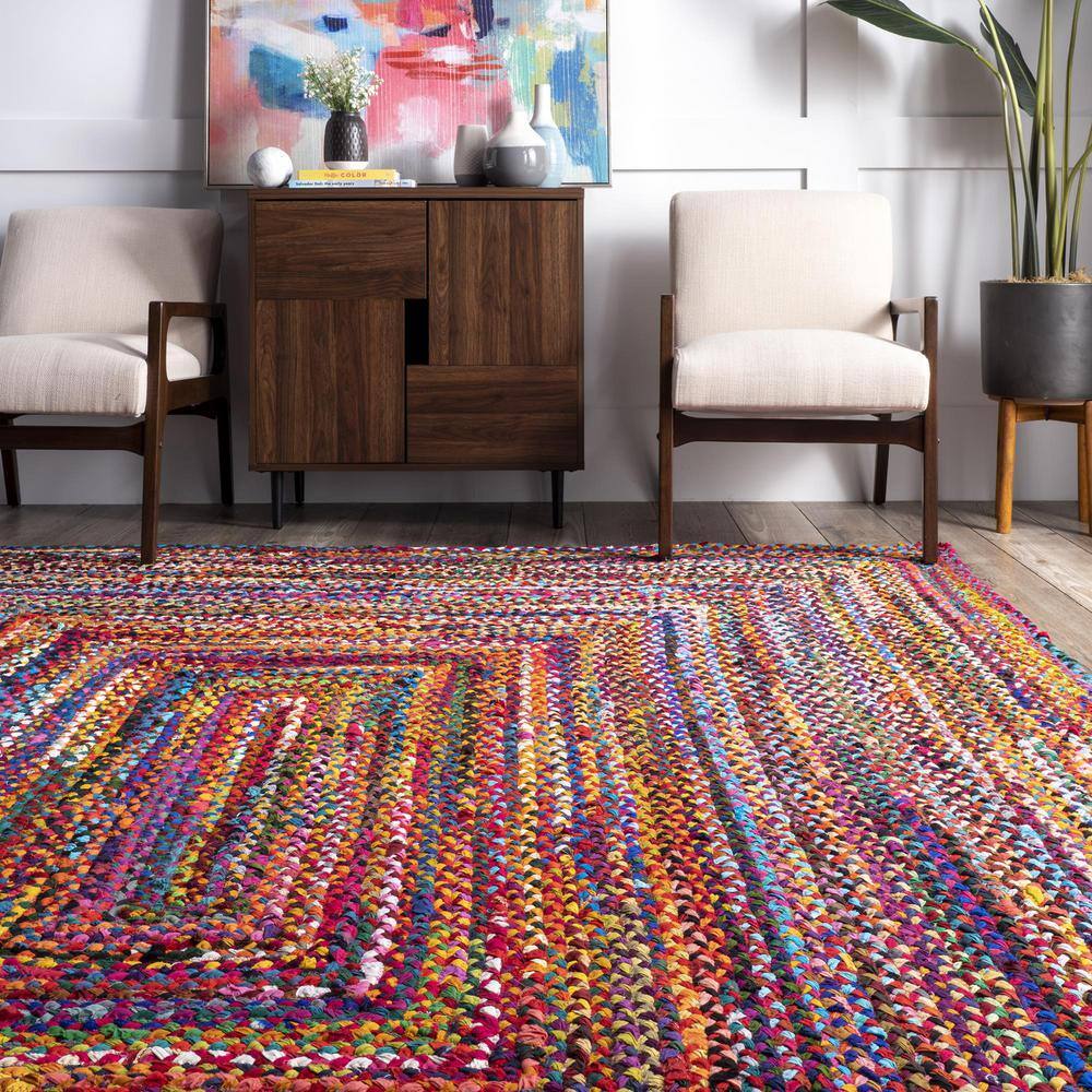 Handmade Rainbow Stripe Braided 6' Cotton Round Area Rug