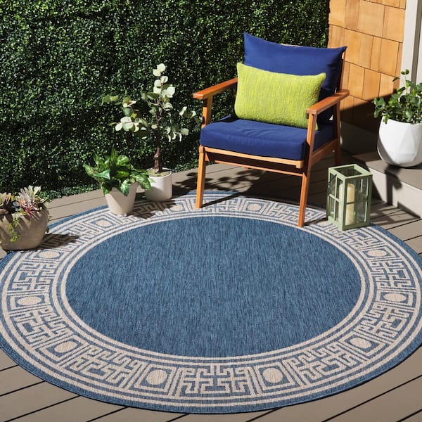 Beach House Blue/Ivory 7 ft. x 7 ft. Meander Border Indoor/Outdoor Round Area Rug